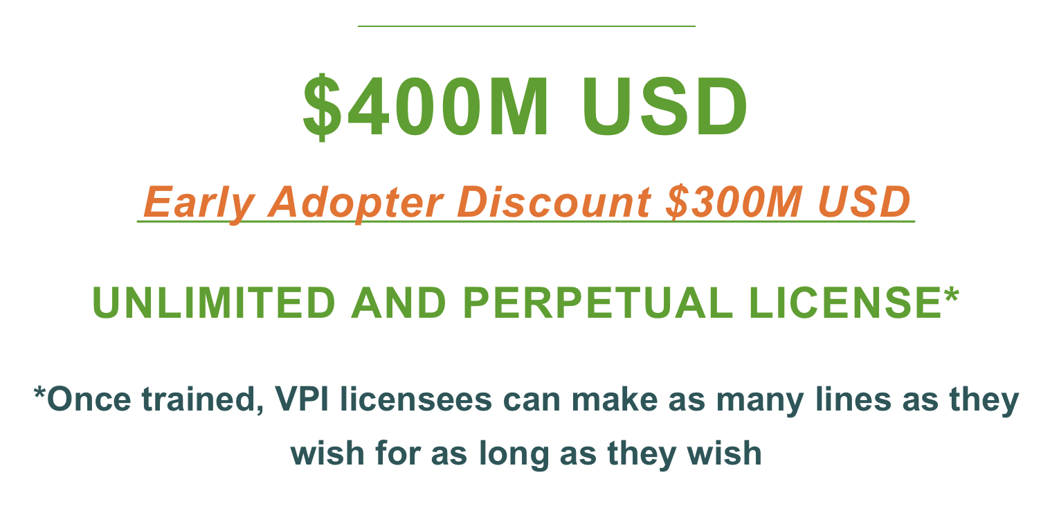 Text shows pricing details for VPI program #1 - Full Process License 400M USD, including early adopter discount of $300M USD