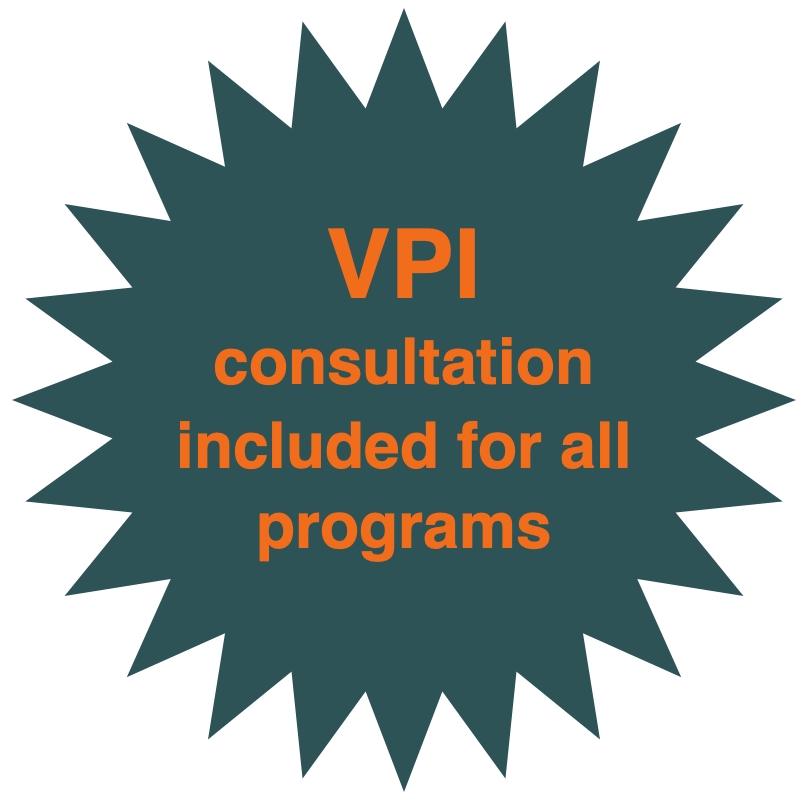 Text on a moving multi-pointed shape stating that a VPI consultation is included with all VPI programs