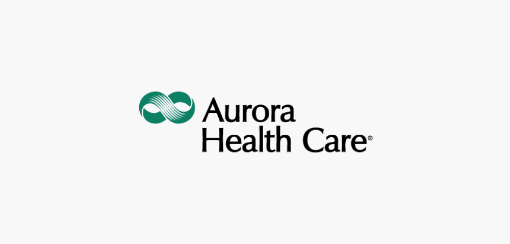 Aurora Health Care logo with a teal intertwined symbol and black text on a white background.