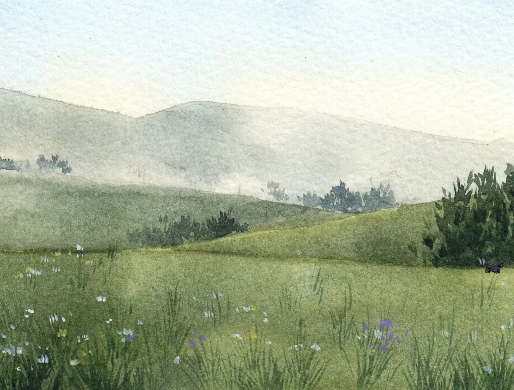watercolor image depicting spring blooms in green hills