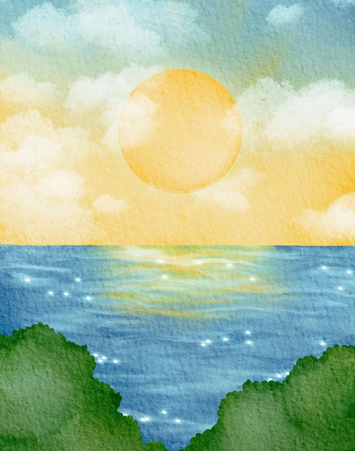 watercolor image depicting coastal view