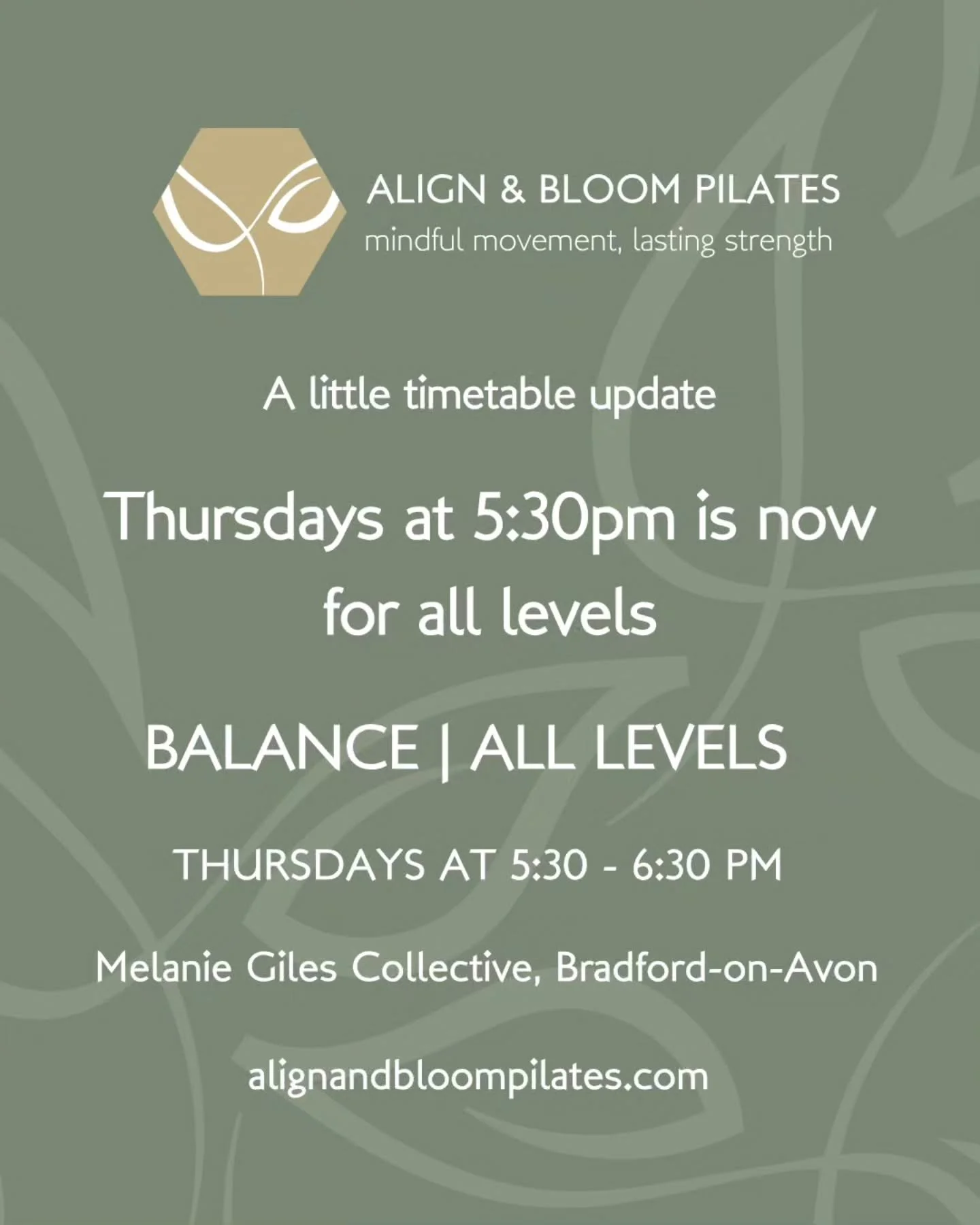 A little Thursday timetable update... 

My 5:30 Thursday class is now BALANCE - a mixed level Pilates class, welcoming a wider range of experience and abilities.

Whether you're relatively new to Pilates, returning after a break, or have been practis