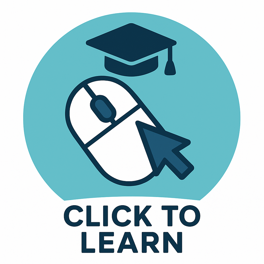 Icon of a computer mouse with a graduation cap above it, and the words "Click to Learn" beneath.