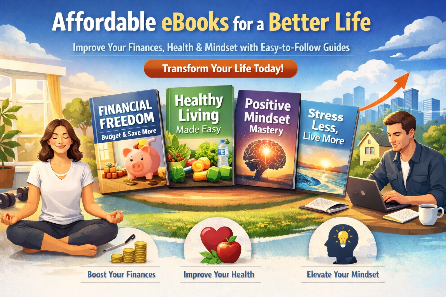 An illustrated outdoor scene with a woman meditating on the left and a man working on a laptop on the right. In the middle, four books titled 'Financial Freedom,' 'Healthy Living Made Easy,' 'Positive Mindset Mastery,' and 'Stress Less Live More' are displayed. The background features a city skyline, trees, and a blue sky with clouds. Icons below show a stack of coins, an apple, and a human head with a light bulb, representing finances, health, and mindset enhancement respectively.