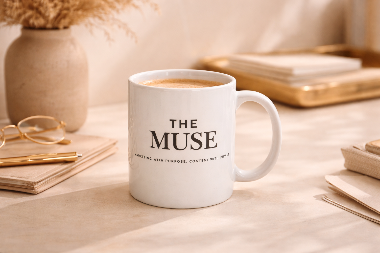 A white mug with black text reading 'The Muse' and the subtitle 'Marketing with purpose. Content with impact' on a desk with notebooks, glasses, a pen, a gold tray, and a beige vase with dried flowers.