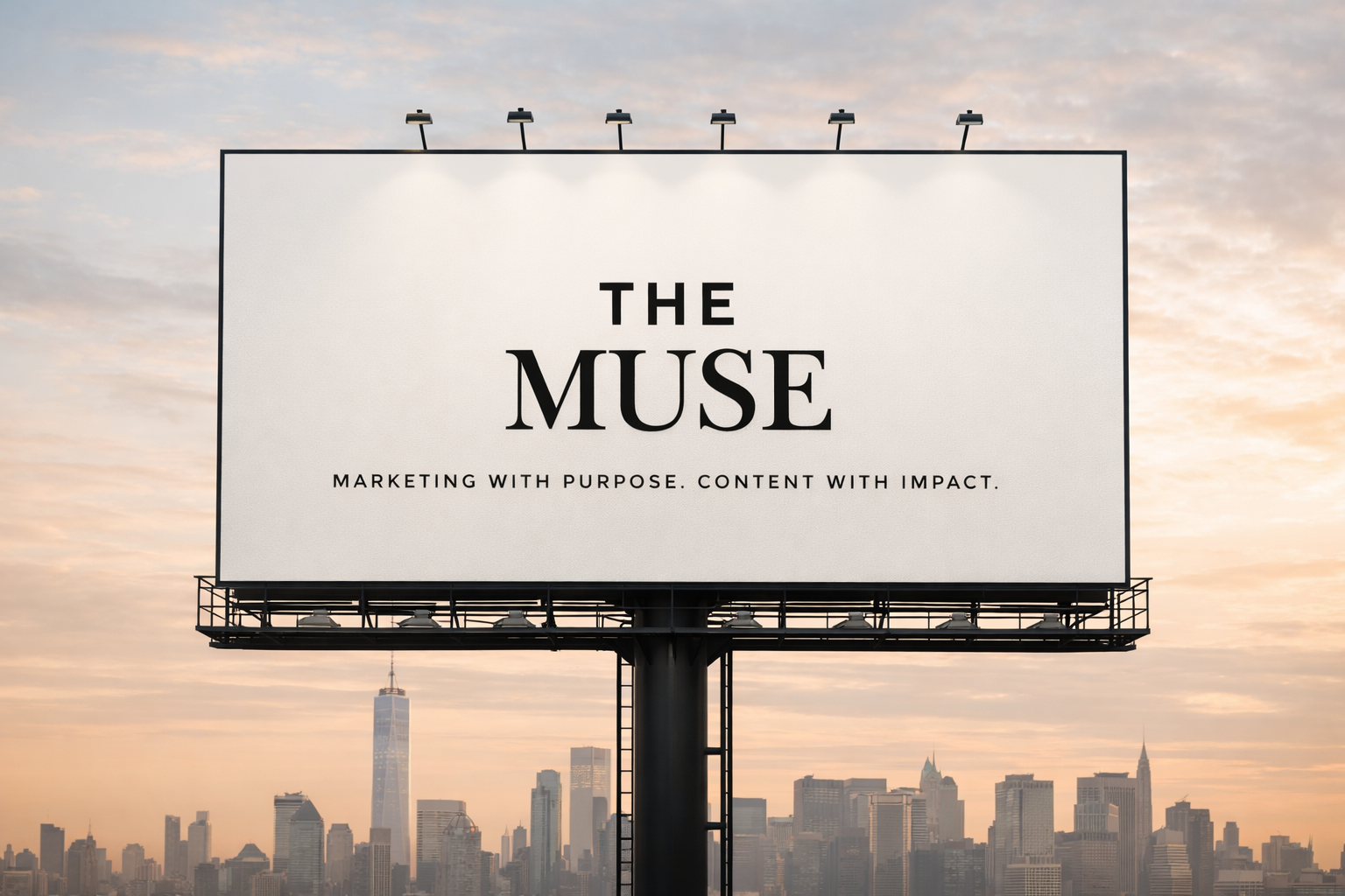 Billboard on city rooftop displaying the words 'The Muse' with a skyline of skyscrapers at sunset in the background.