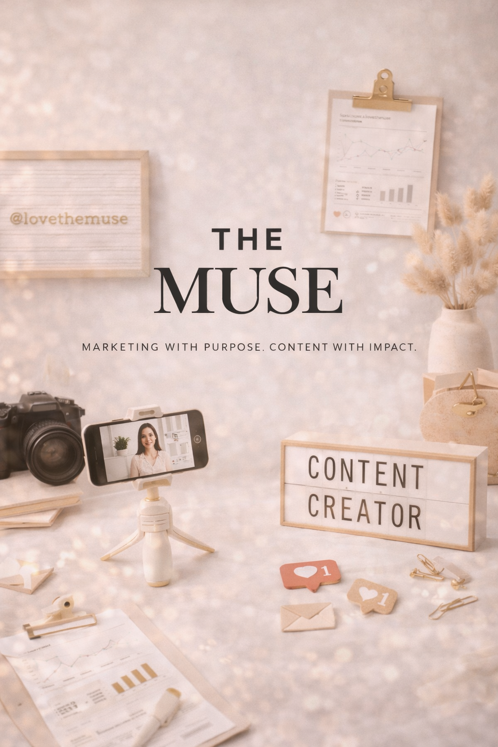 A marketing workspace with a camera, smartphone on a tripod, and various decor items. There is a sign that reads 'Content Creator' and a wall with charts and graphs. The main titles say 'The Muse' and 'Marketing with Purpose. Content with Impact.'