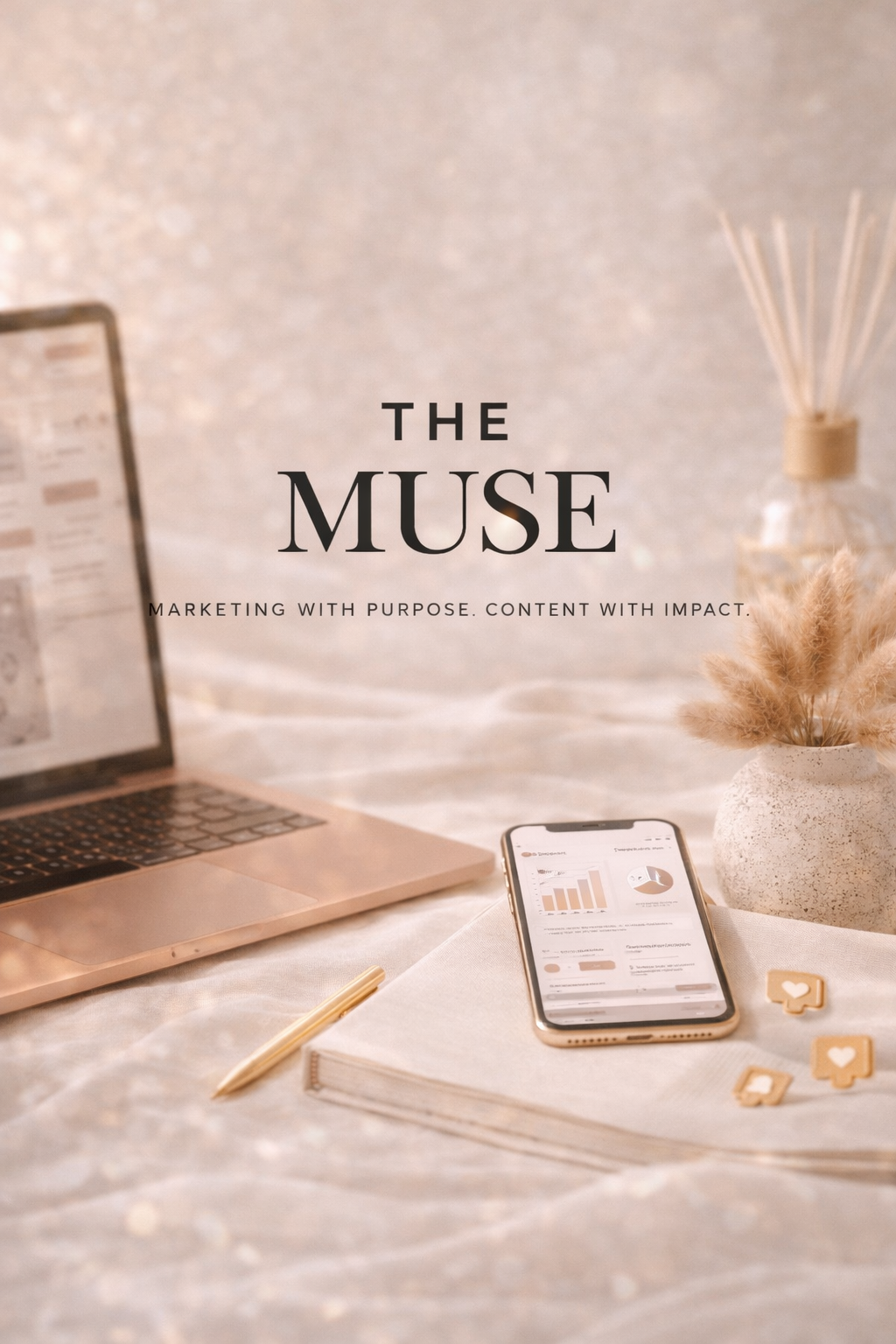 Decorative workspace with a laptop, smartphone displaying charts, notebook, pen, a vase with dried flowers, and social media icons on a table, with the overlay text 'The Muse: Marketing with Purpose. Content with Impact.'