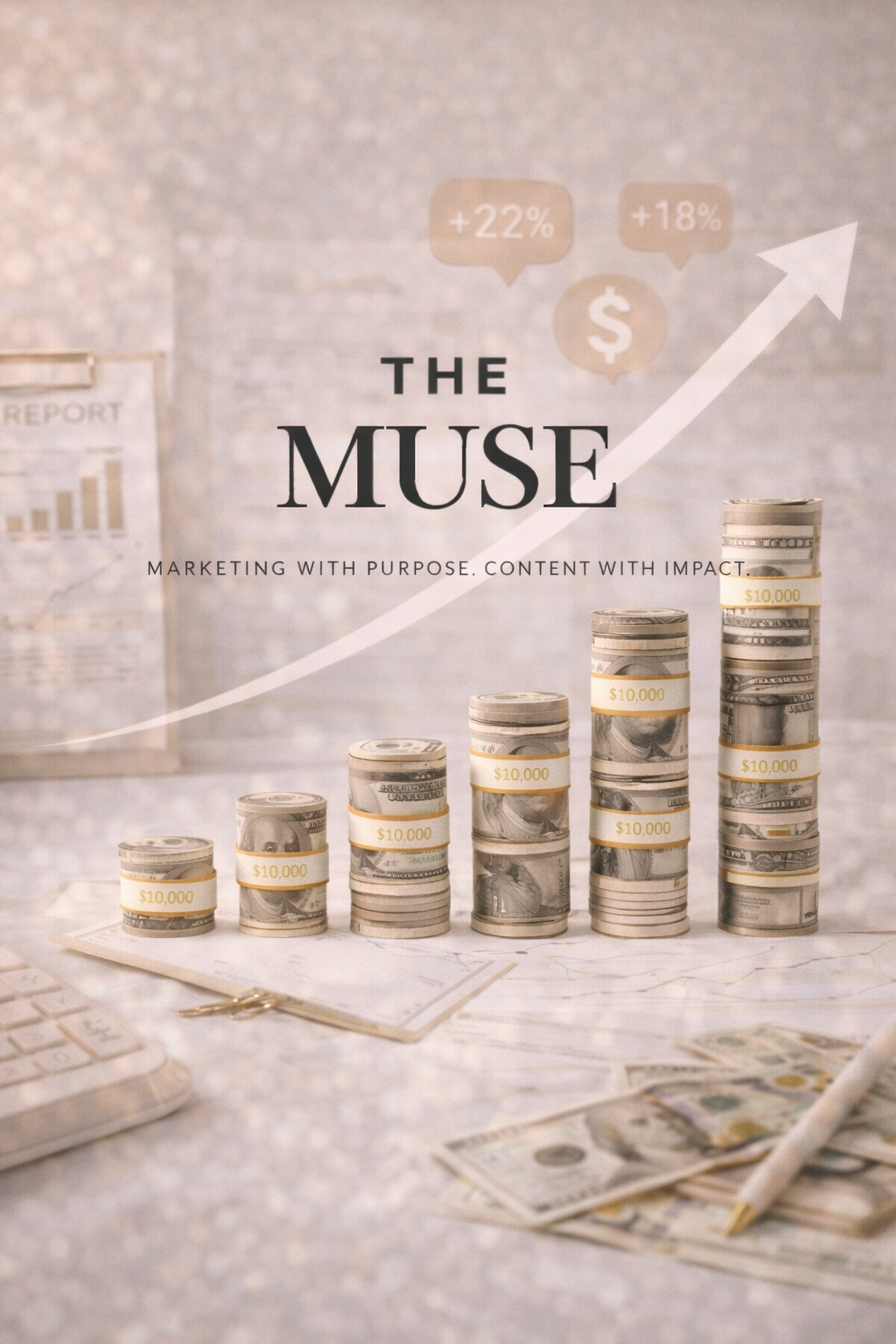 Stacks of hundred-dollar bills labeled $10,000, with an upward arrow and game icons representing financial growth and marketing success.