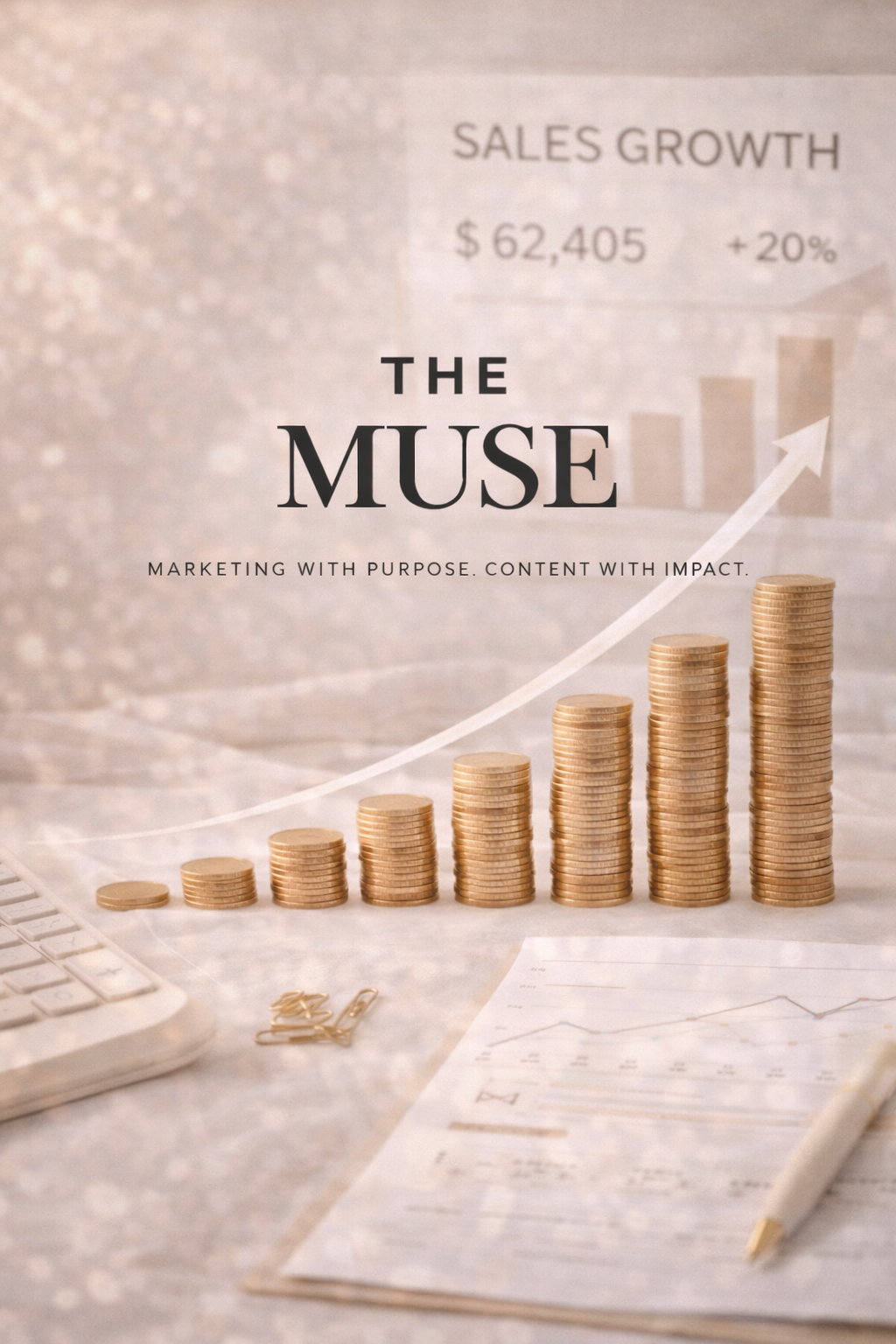 Stacks of coins increasing in height with an upward trending arrow, a graph, a calculator, paper clips, and a pen on a desk, representing sales growth and financial success.