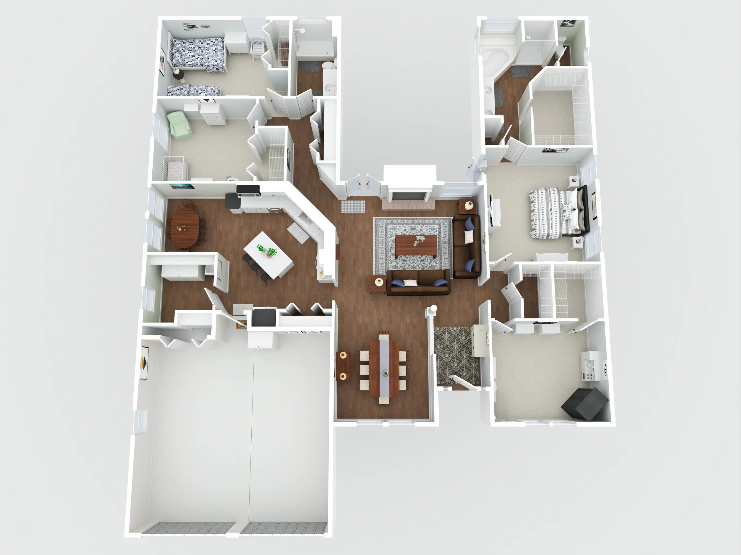 3D floor plan of a house showing multiple bedrooms, bathrooms, a living room, dining area, kitchen, and a garage.