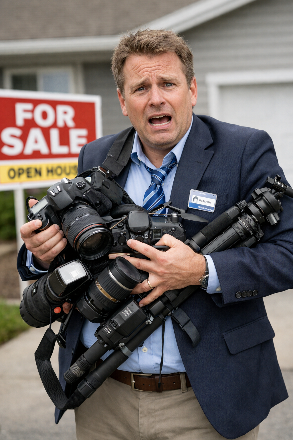 A man in a suit holding multiple professional cameras and lens, standing outside with a "For Sale" sign in the background.