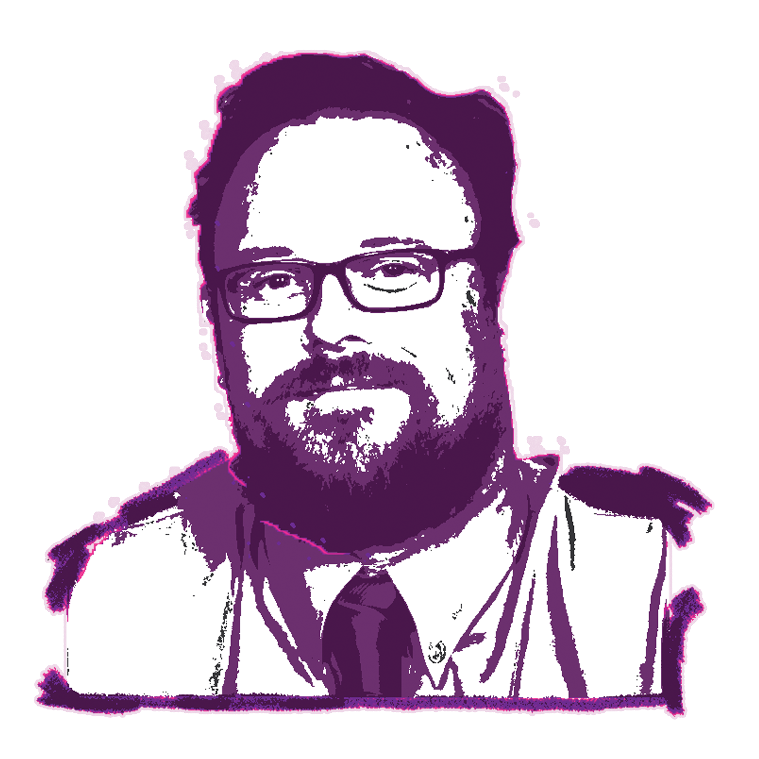 Stylized digital portrait of a man with glasses, a beard, wearing a military or official uniform, against a purple background.