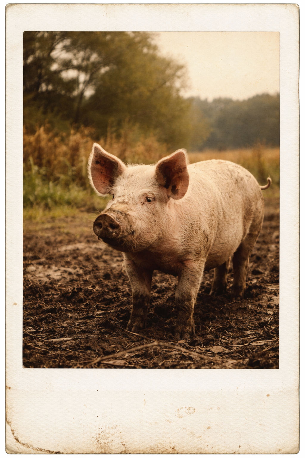 A pig standing in muddy ground outdoors with trees and a cloudy sky in the background.