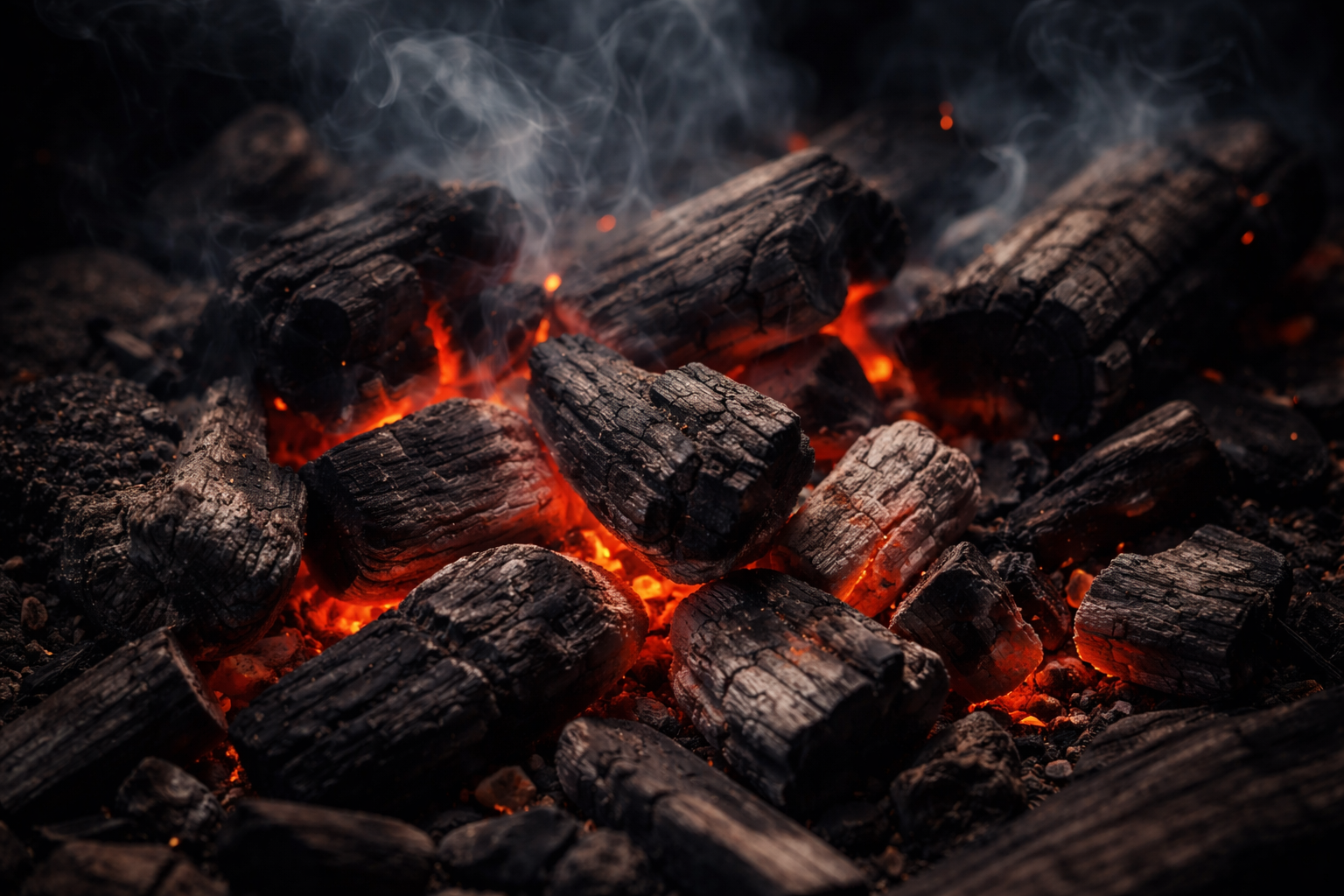 Close-up of burning charcoal with glowing orange and red embers, wisps of smoke rising.