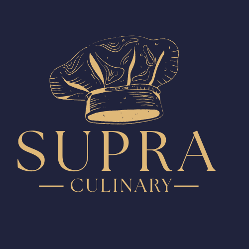 Logo for Supra Culinary with a gold chef's hat illustration on a dark background.