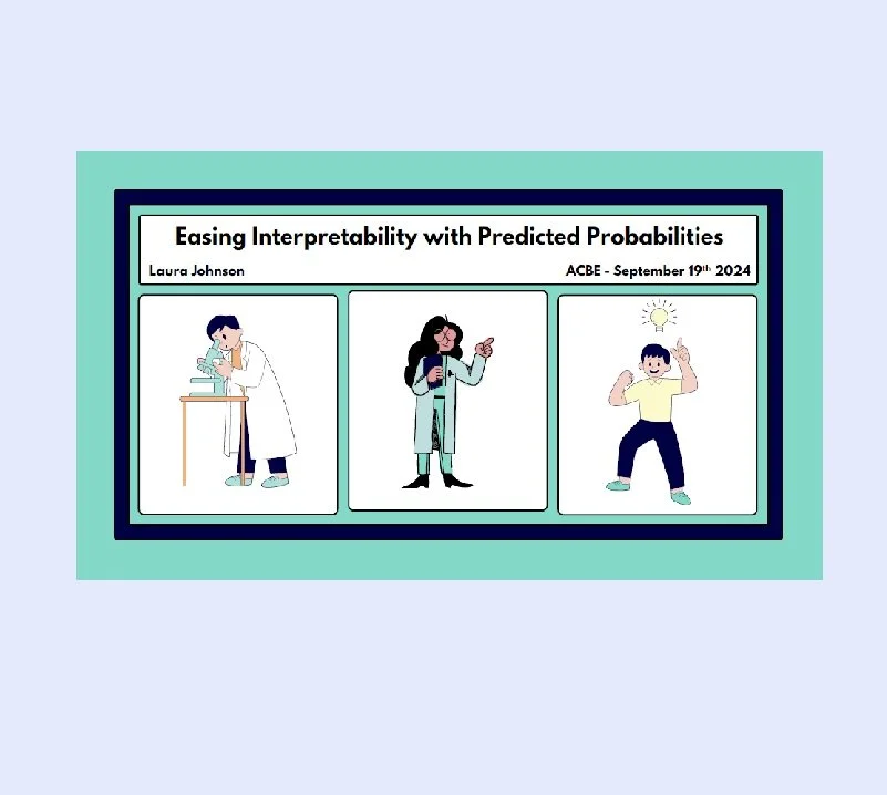 Title slide of a presentation titled "Easing Interpretability with Predicted Probabilities" by Laura Johnson, for ACBE on September 19, 2024. The slide features three illustrations of a person: one of a scientist in a lab coat working with test tubes, another of a woman in a coat pointing, and a third of a boy flexing muscles with a bright sun above his head.