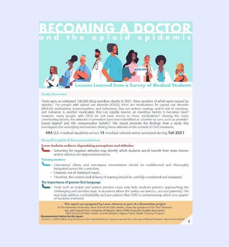 Cover page of a medical report titled "Becoming a Doctor and the opioid epidemic" with illustrations of diverse medical students and professionals, and sections on study overview, insights, recommendations, training, and importance of person-first language.