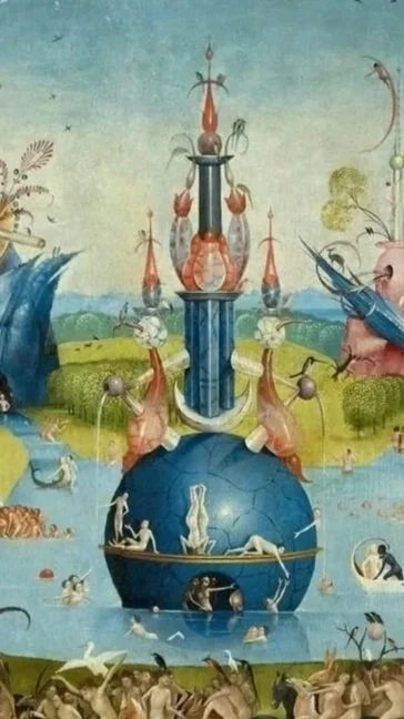 A surreal painting featuring a large sculpture of a globe with human figures around and within it, a fountain pouring water, and various abstract and fantastical elements in a landscape with trees, water, and sky.