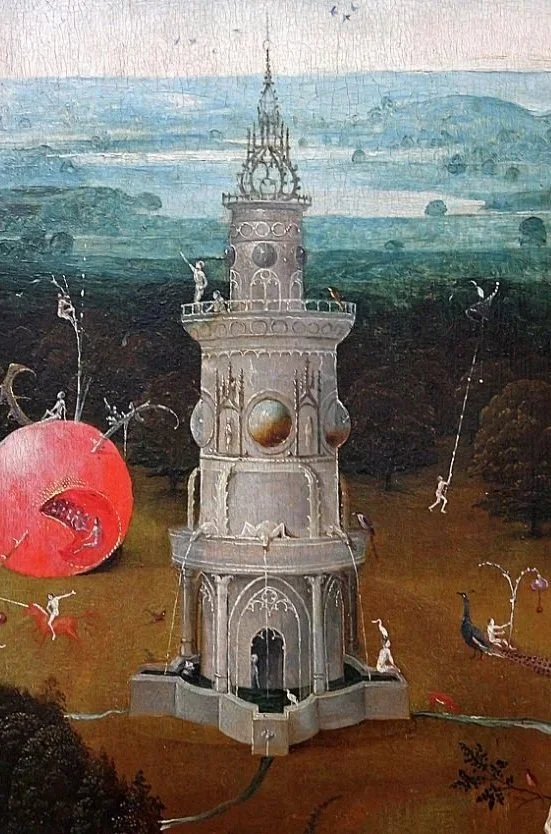 A surreal painting of a tall, ornate tower on a landscape with trees and a cloudy sky, with large, fantastical objects and tiny human figures interacting with them, including a giant fish and animals, in a Dreamlike style.