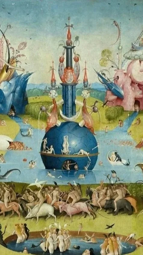 A surreal painting with mythological and fantastical elements, featuring a variety of human and animal figures, a large blue sphere in the center, and colorful, imaginative structures and landscapes.