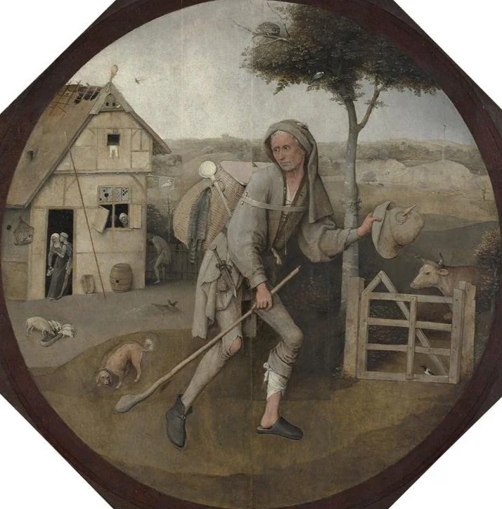 A historical painting depicting a woman in rustic clothing, standing outdoors near a tree and a wooden fence with a cow. There are animals like a dog and a chicken, and a cottage in the background.