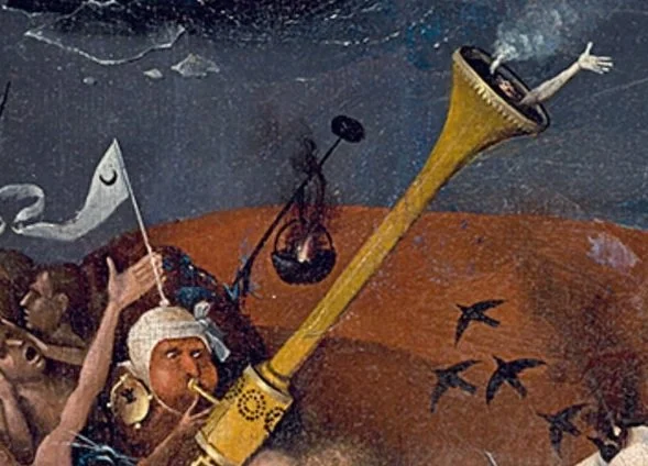 A surreal artwork featuring a person with a white headwrap playing a long brass horn, insects flying in the background, and a dark stormy sky.
