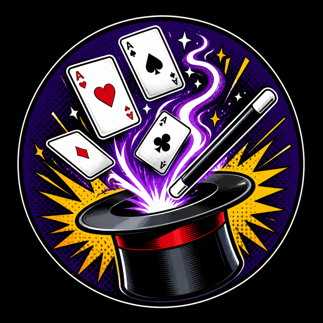 illustration of a magic hat with wand and playing cards