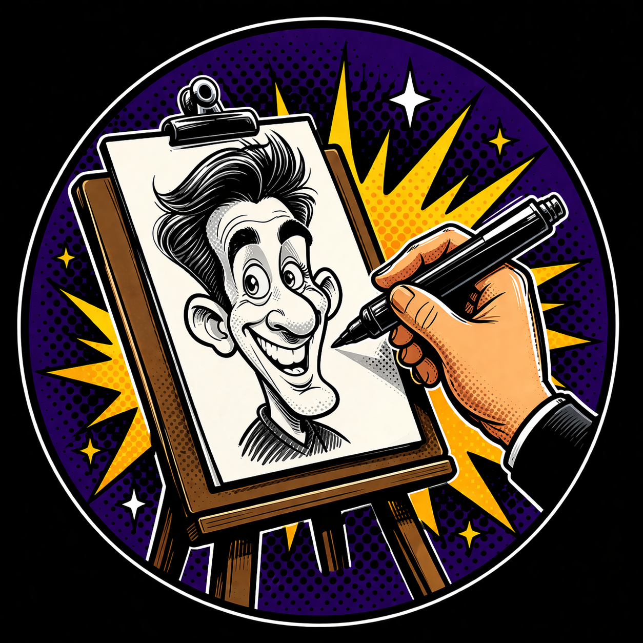 illustration of a hand illustrating a caricature on an easel