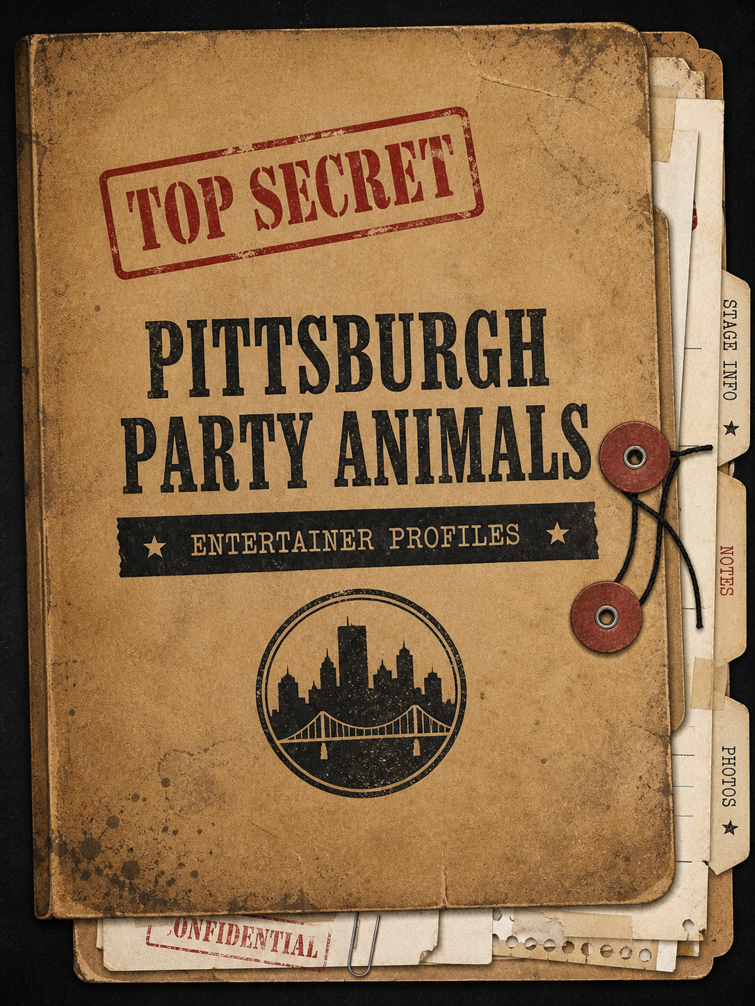 image of a worn case file that reads Top Secret: Pittsburgh Party Animals Entertainer Profiles