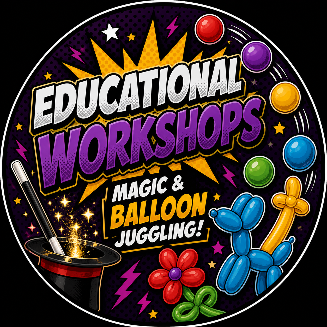 illustration of magician's wand and hat, and balloon sculptures
