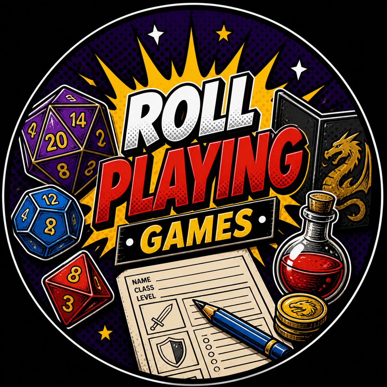illustration of dice, character sheet, and other typical RPG items