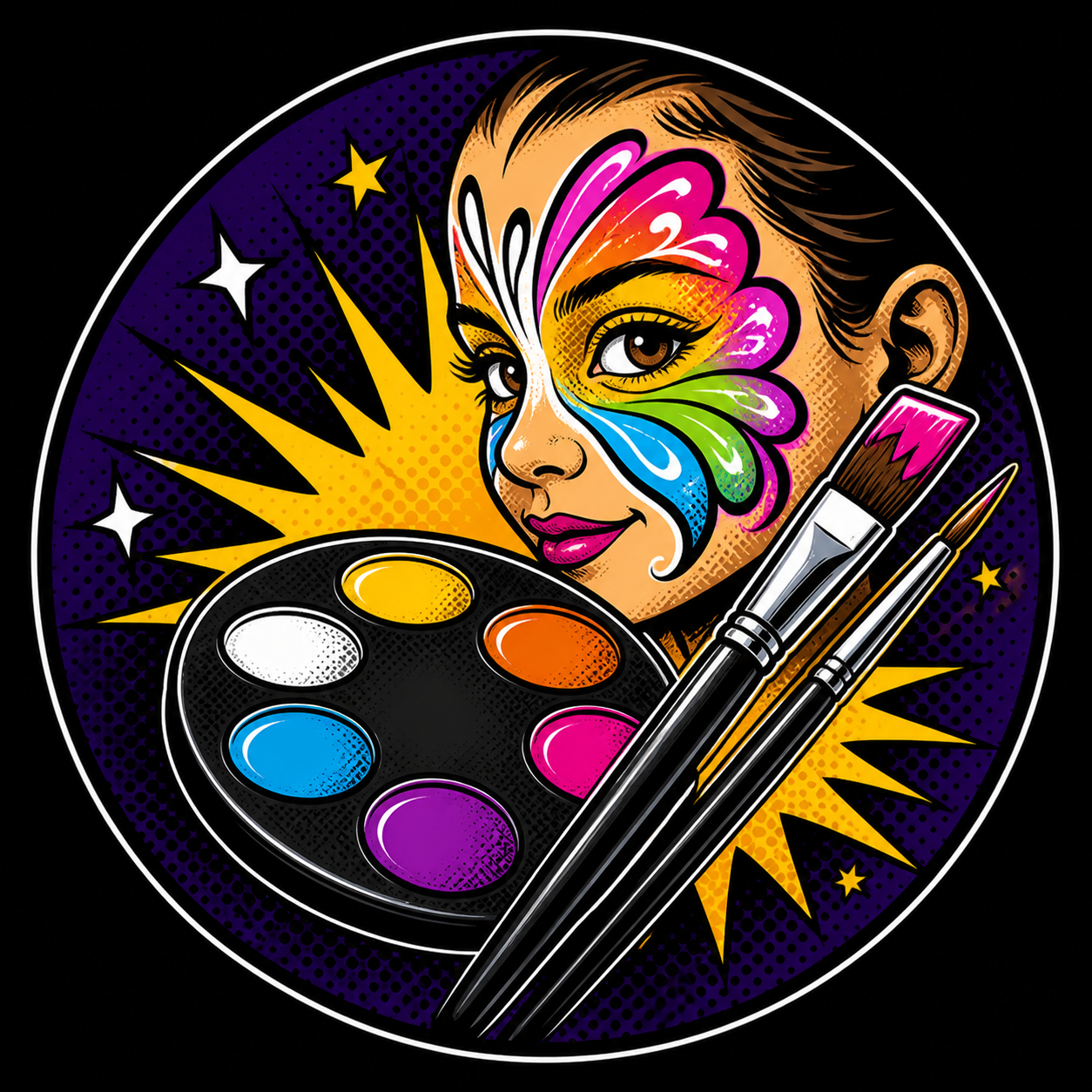 illustration of a face with painted design with brushes and palette