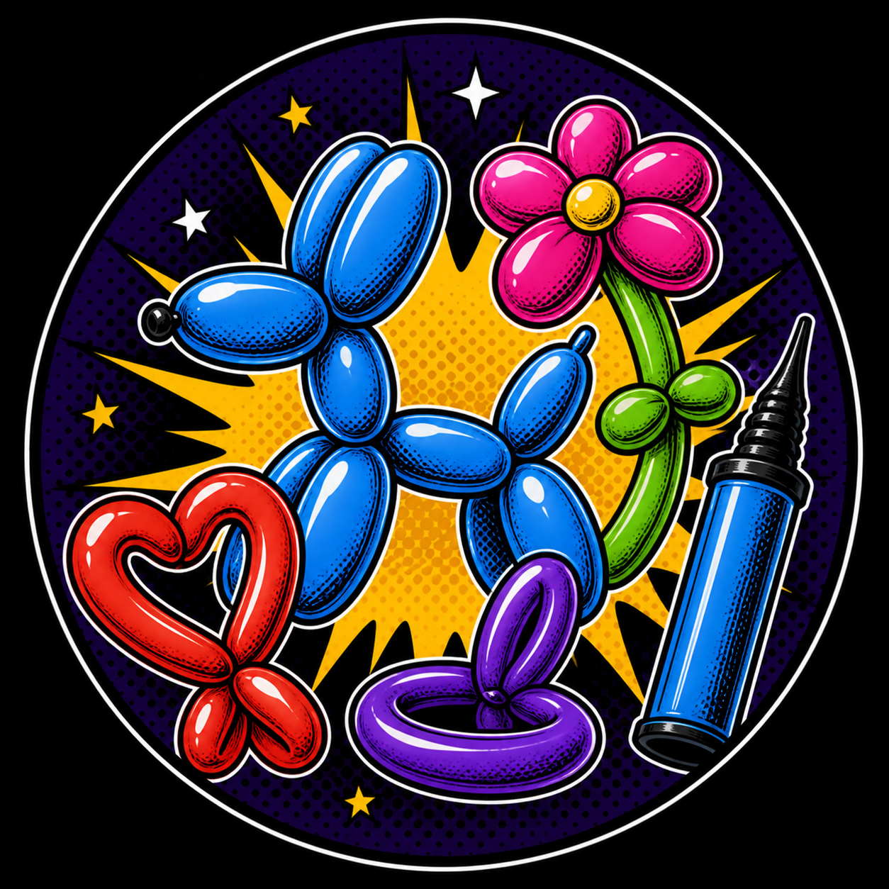 illustration of balloon animals and other balloon sculptures