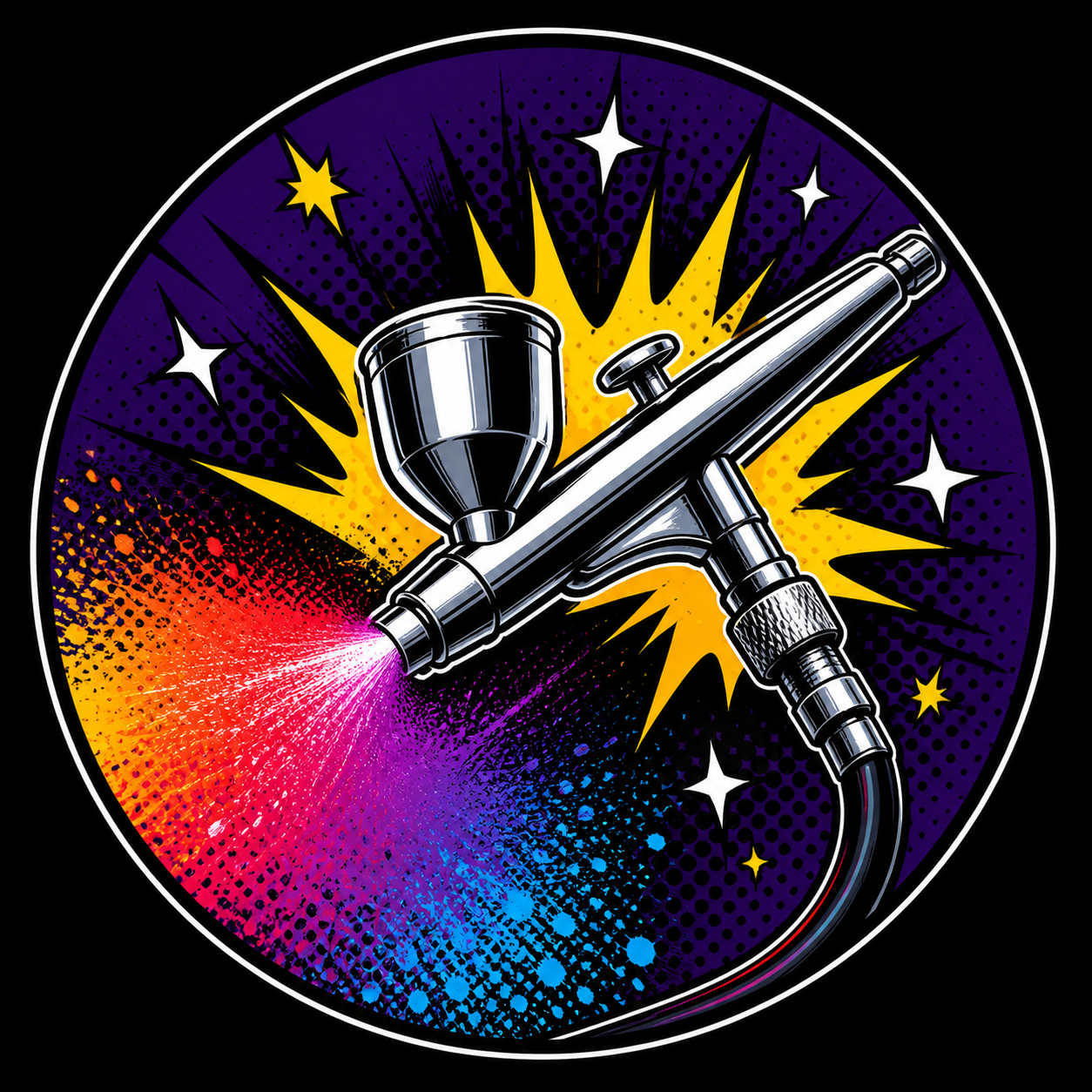 illustration of an airbrush with a spray of colorful paint