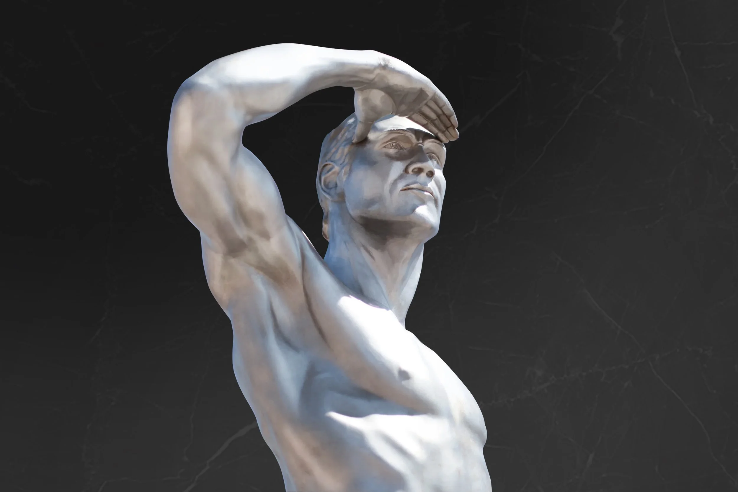 Close-up of a classical statue of a man with strong muscular features, holding his right hand to his forehead as if looking into the distance, set against a dark background.