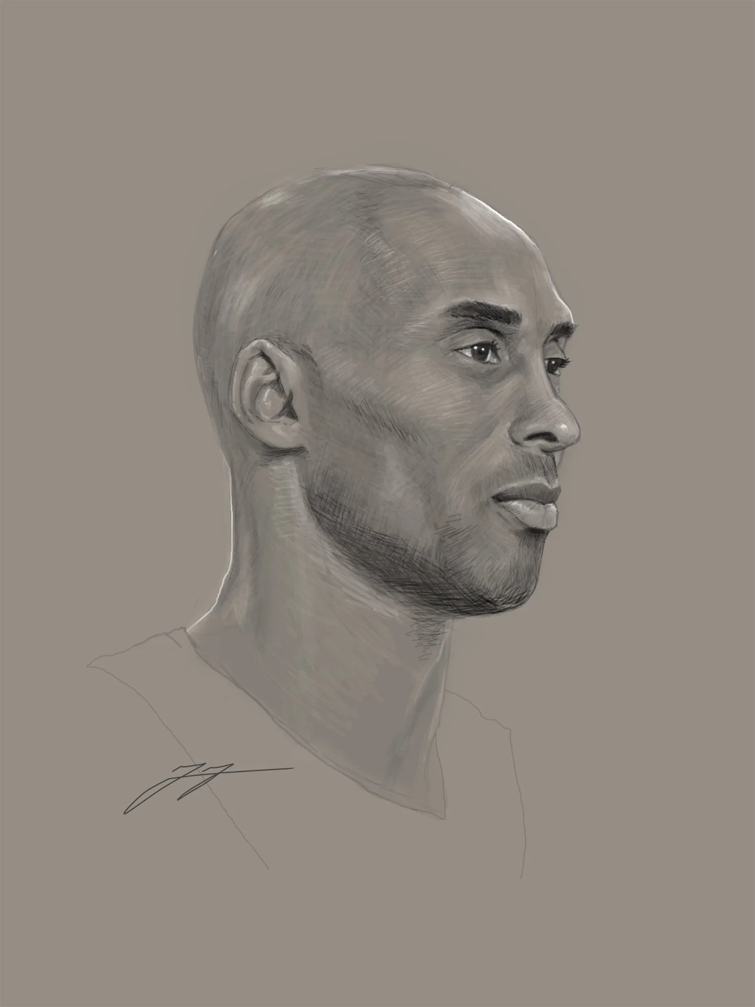 A digital sketch of a young man with a bald head, side profile, wearing a V-neck shirt, on a plain beige background.