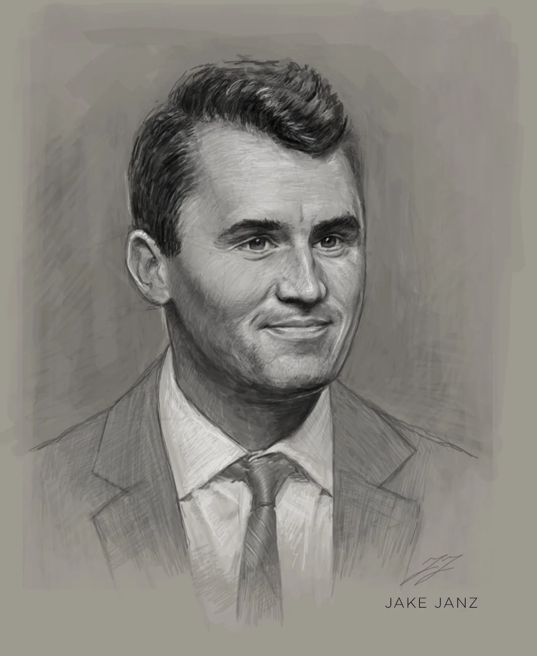 Black and white digital portrait of a man with styled hair wearing a suit and tie, credited to Jake Janz.