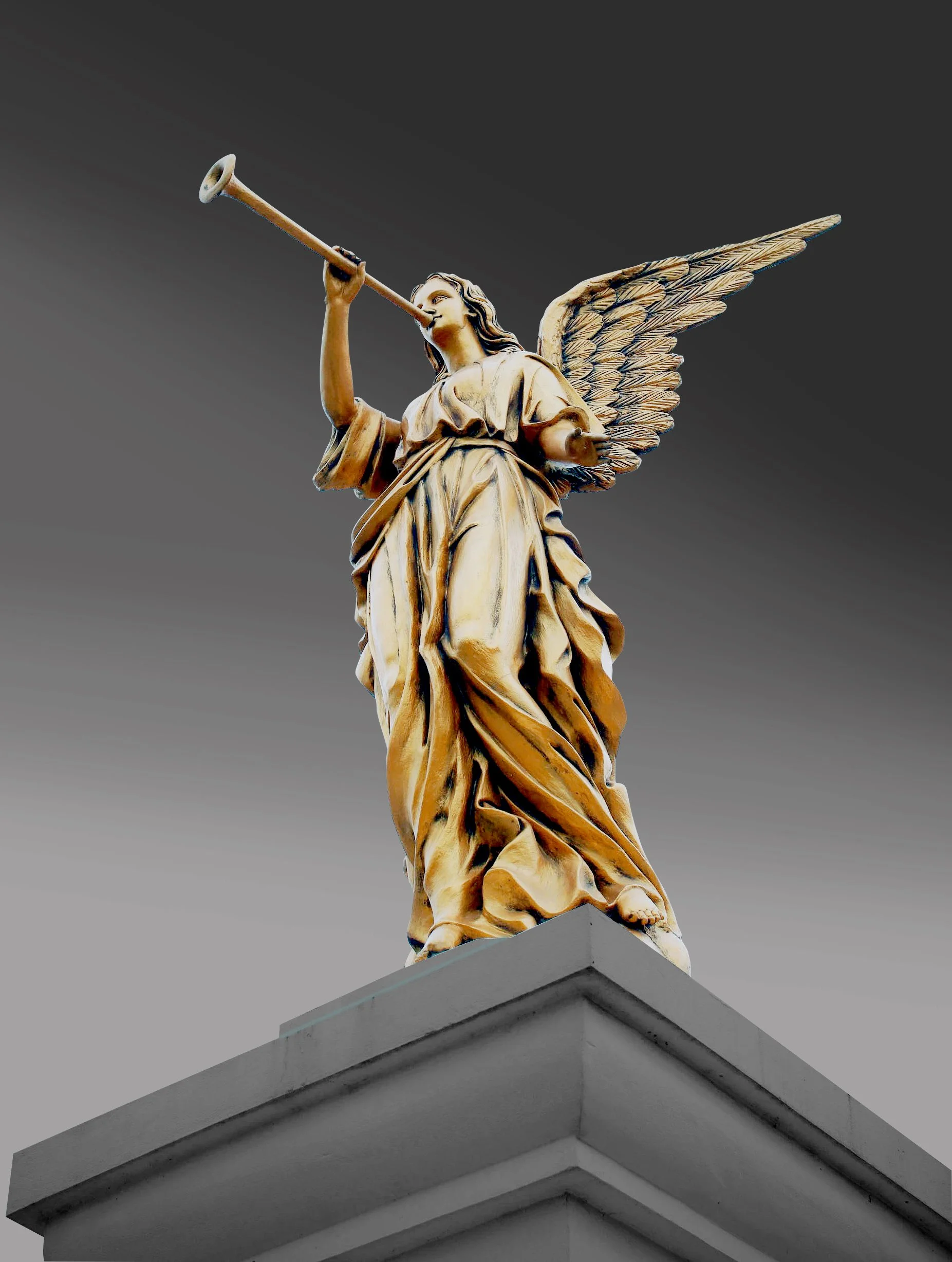 Statue of a winged figure with a trumpet, standing on a ledge, against a gradient sky background.