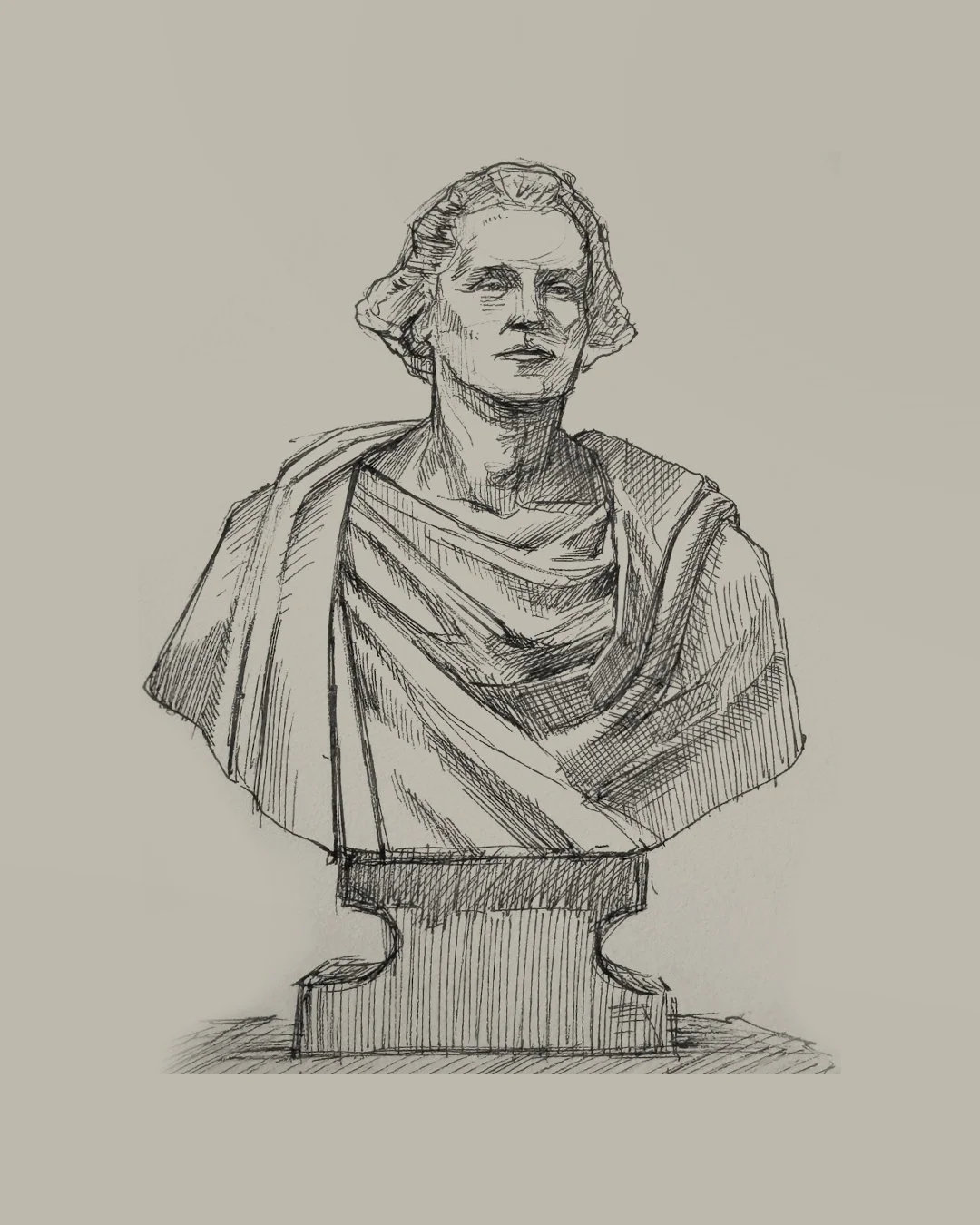 Black and white sketch of a woman with short hair, wearing a shawl or draped clothing, on a bust-style pedestal.