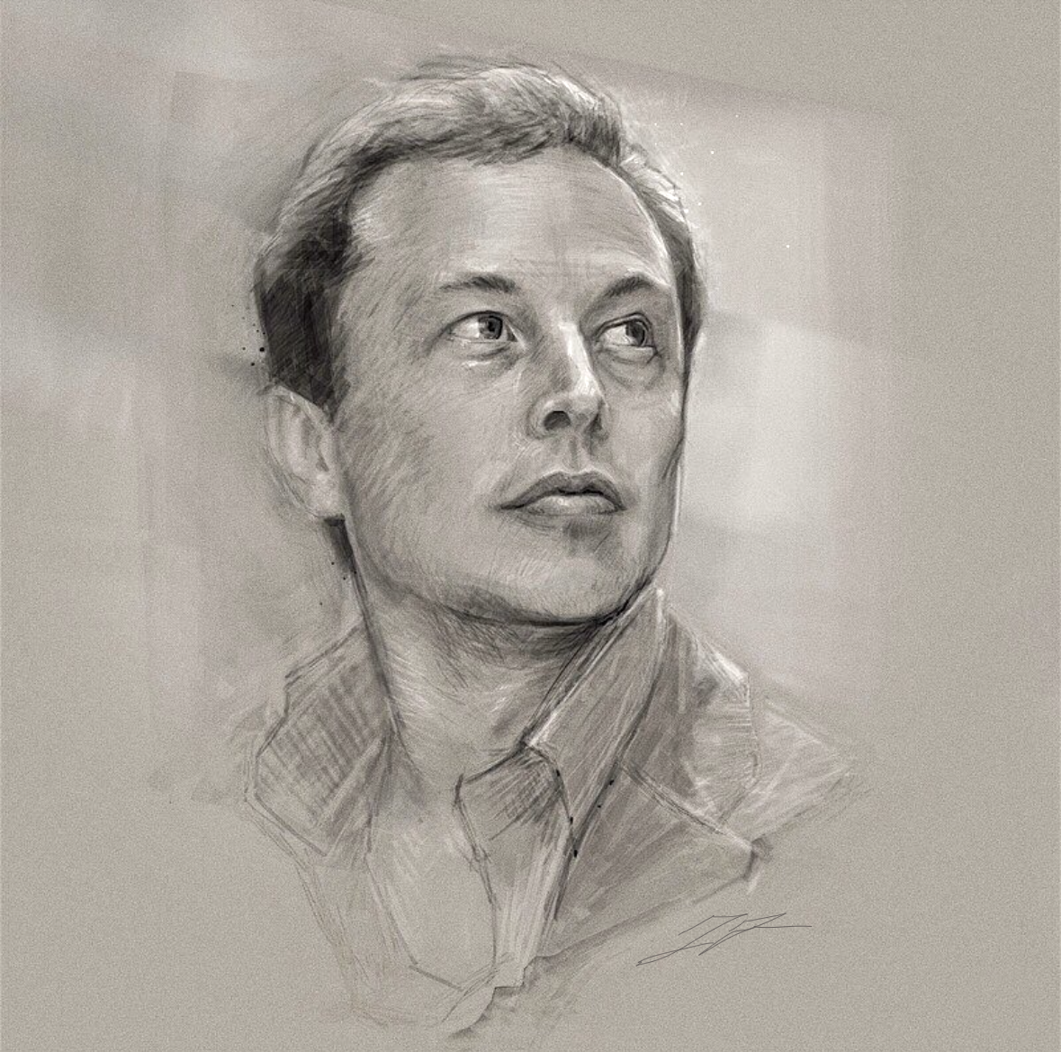 Realistic pencil sketch of a Elon Musk  with light hair, wearing a collared shirt, looking slightly to the right. Drawing by Jake Janz at Valor Monuments.