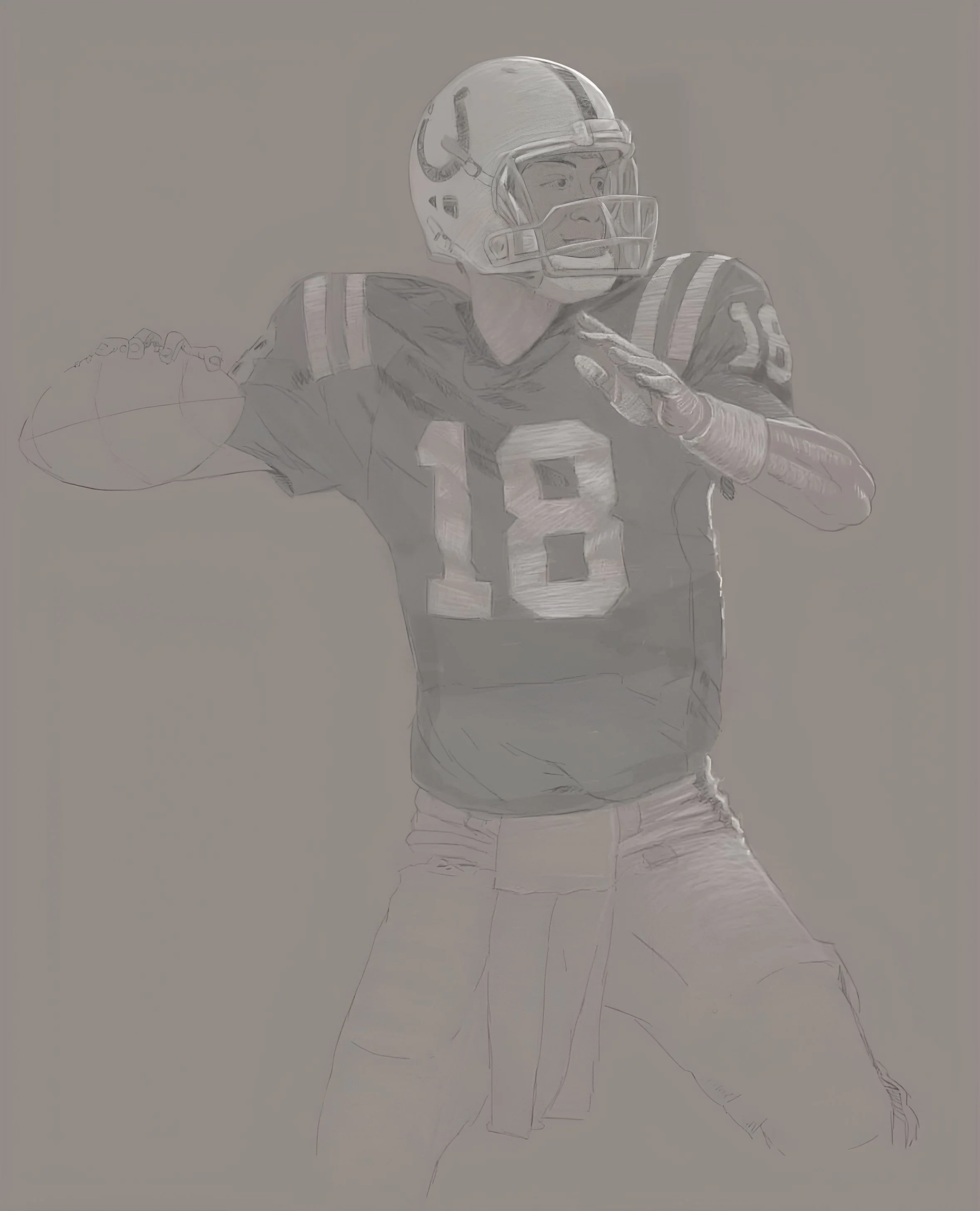 A sports illustration of NFL legend Peyton Manning, in a throwing stance, wearing a helmet and jersey with the number 8. Drawn by Jake Janz of Valor Monuments.