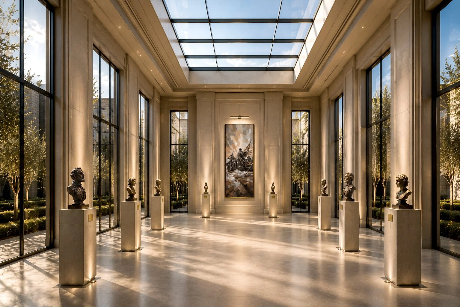 Valor Monuments elegant art gallery with bust sculptures on pedestals, large windows, natural sunlight, and a central painting.