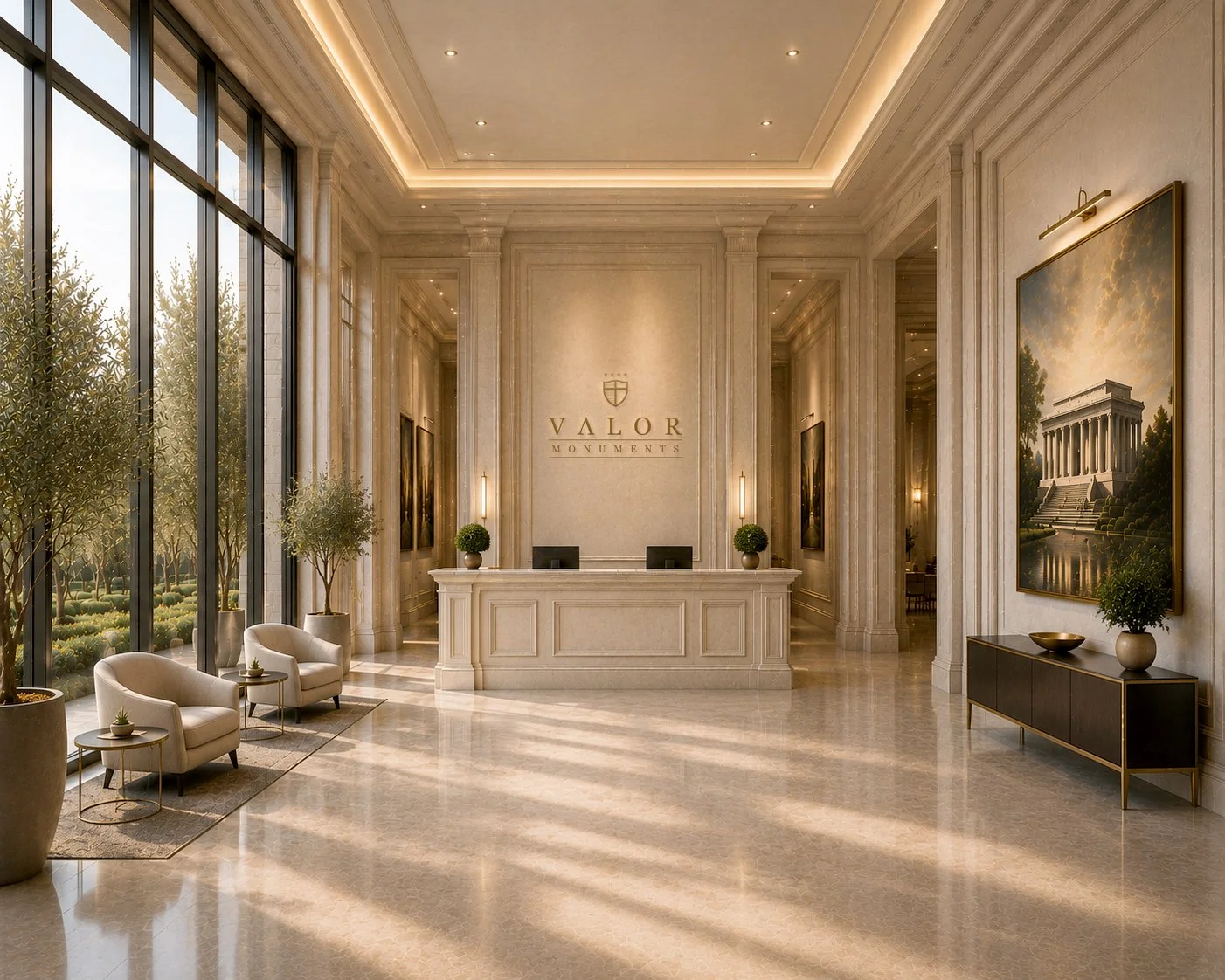 Valor Monuments elegant hotel lobby with a front desk, large windows, and classical decor.