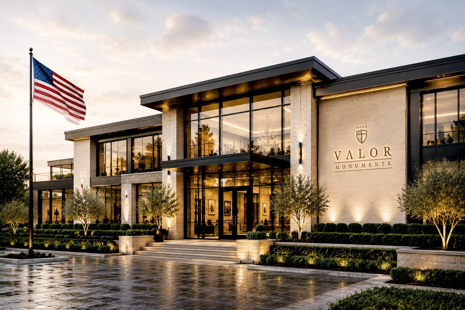 The modern Valor Monuments building with large glass windows, illuminated outdoor lighting, landscaped trees, and an American flag flying on a flagpole, during sunset or evening.