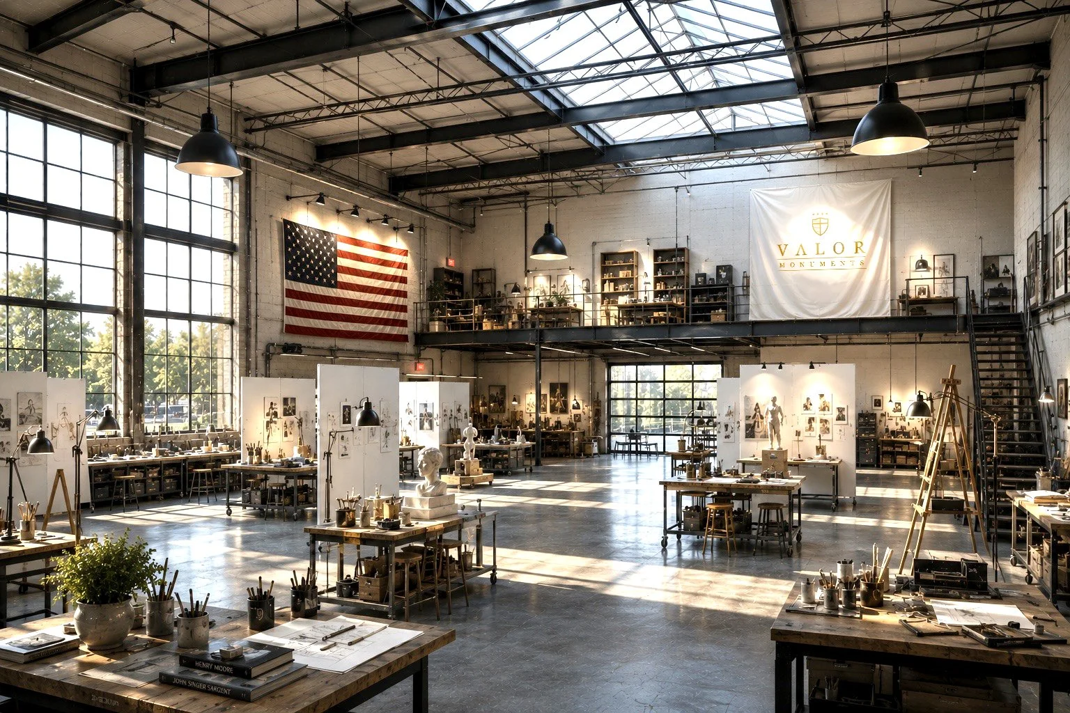 An artist's studio with large windows, featuring tables with art supplies, sculptures, and artwork, and a balcony with shelves and artwork, banners including an American flag and a Valor Moments banner.