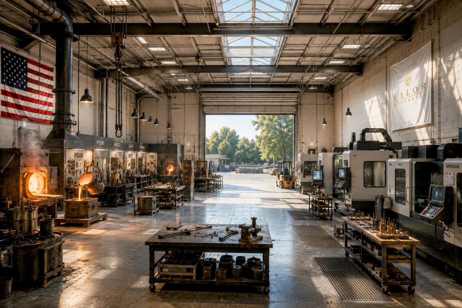 Inside a metalworking Valor Monuments factory with various machines, workbenches, and tools, sunny outside visible through the large open door, American flag hanging on the wall.
