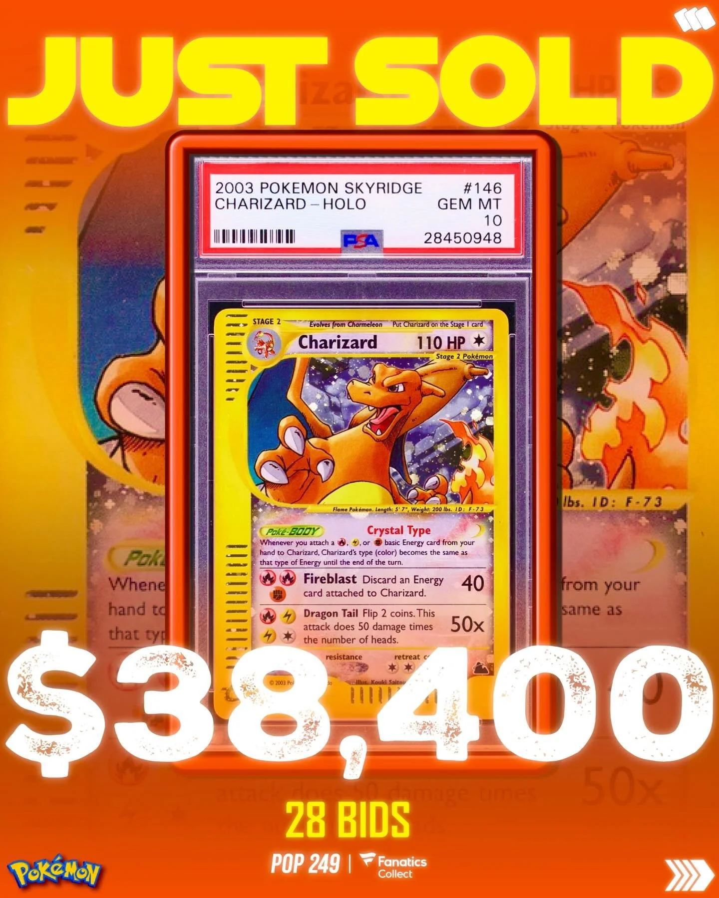 🔥JUST SOLD🔥

💰This gem mint Skyridge Charizard just sold for $38,400 on @fanaticscollect mirroring the last sale for the same amount in November. 

💎Overall, Crystals are holding steady with several sales now for Charizard over $35K. Do you think