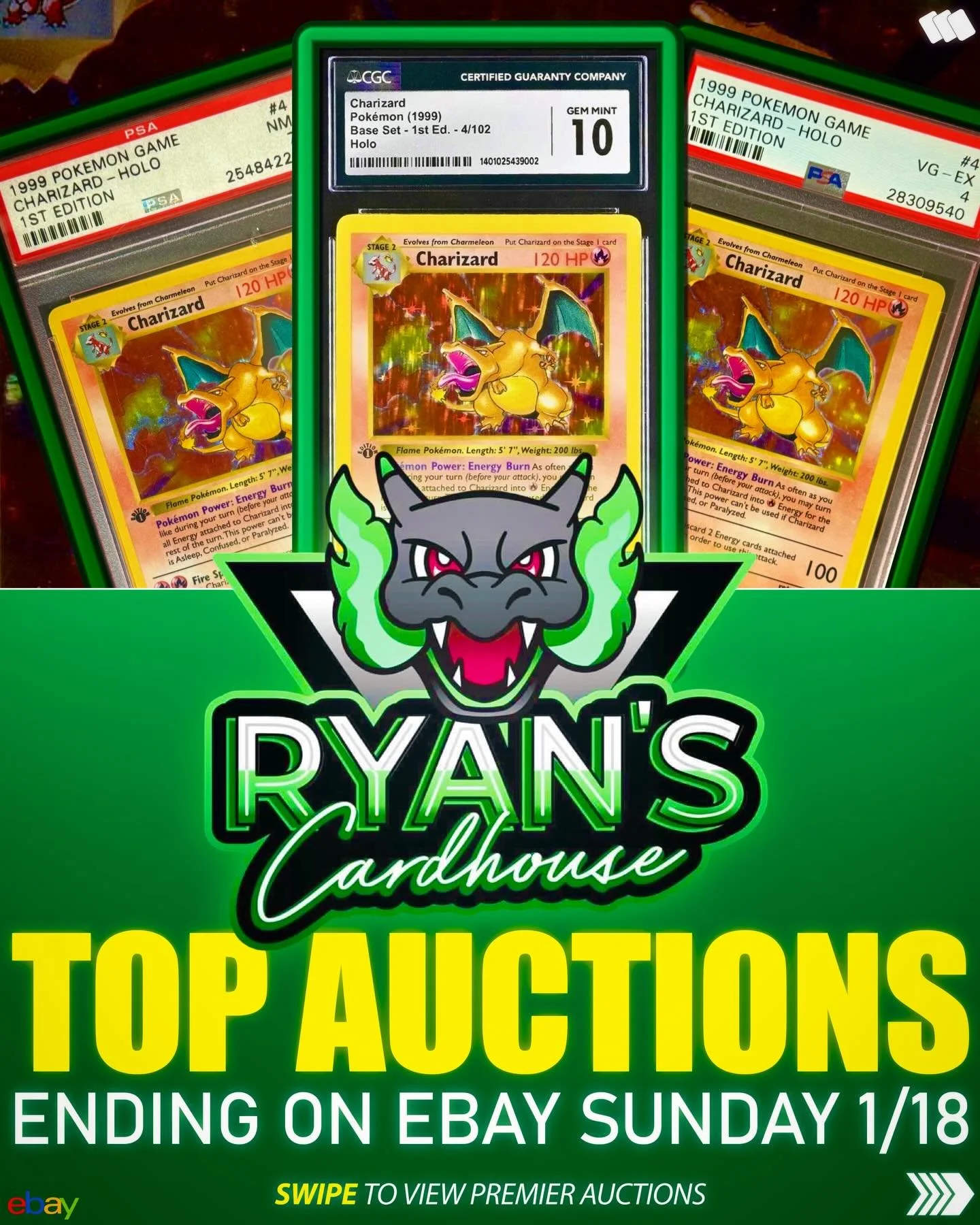 🚨PREMIER EBAY AUCTIONS🚨

🔥Huge auction lot from @ryans_cardhouse of 1,000+ listings ending on @ebay this Sunday including a @cgccards gem mint 1st Ed Charizard already over $100,000💰🚀

➡️Swipe to check out some of the premier TCG auctions ending