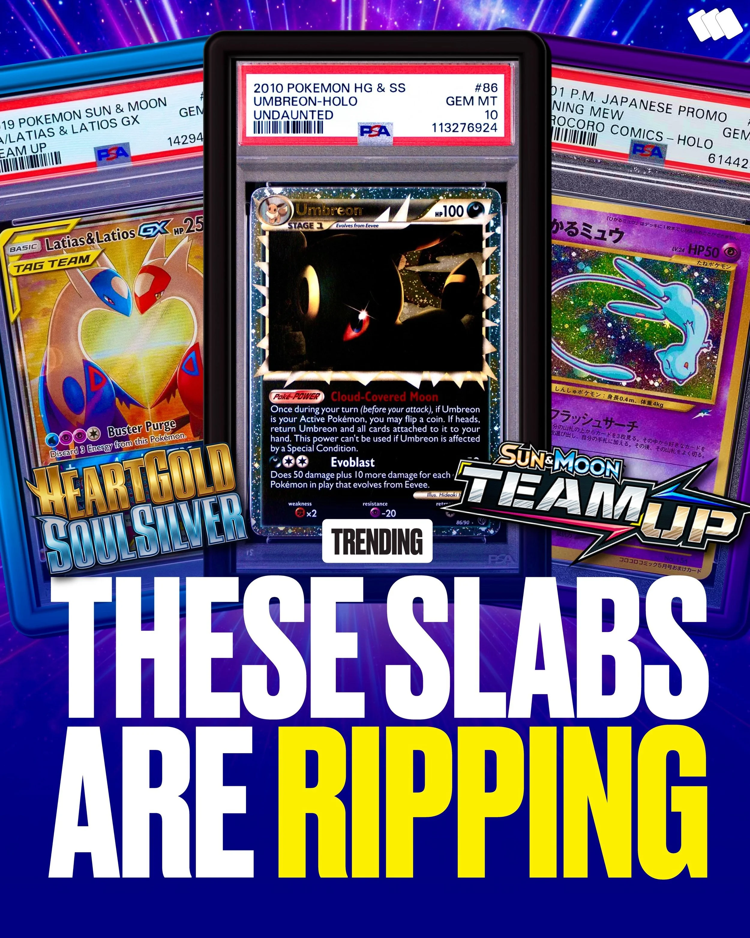 How high can these go?🤯

PSA 10 Umbreon Unaunted just hit $30K.
Shining Mew touched closing in on $40K.
Latias &amp; Latios keeps ripping higher.

3 slabs with very different pop reports&hellip; yet demand doesn&rsquo;t seem to care🚀

💙Tap our sto